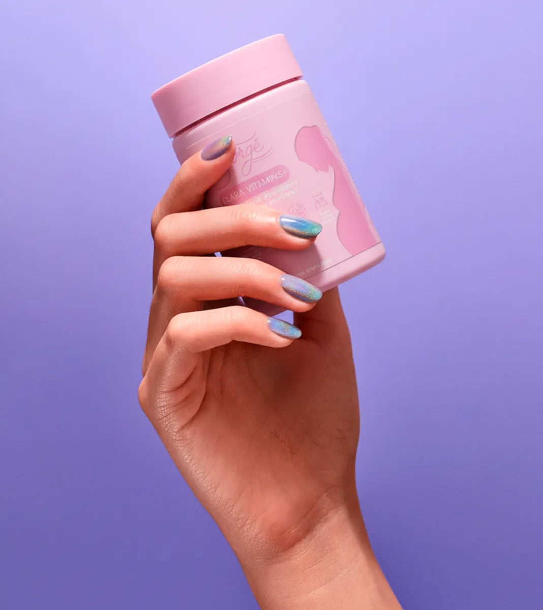 Storgé Elara prenatal vitamins jar on soft purple background, premium pregnancy wellness supplement
