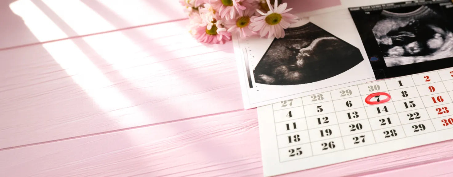 Ultrasound photo placed on calendar with marked date, pregnancy timeline and prenatal planning concept